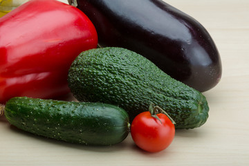Eggplant, cucumber, avocado and red pepper