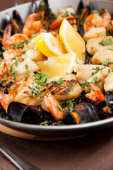 seafood paella in the fry pan