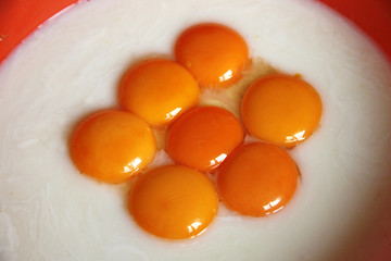 Egg yolk closeup as a background. Raw eggs in a bowl