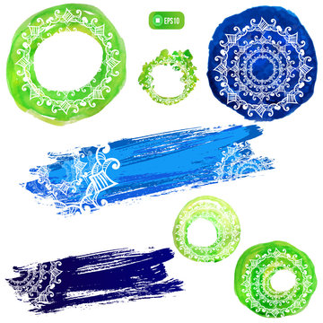 Set of vector watercolor splatters with ornament.  Artistic