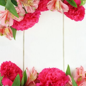 Double border of pink carnation and lily flowers on white wood
