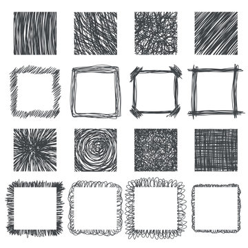 Set of hand drawn squares. Vector design elements. Lines texture