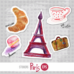 Vector wtercolor set of stickers romantic morning in paris with