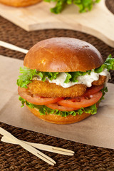 Breaded Fish burger. Selective focus.