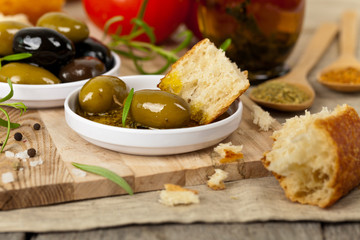 Italian food Bread with Olive Oil. Selective focus.
