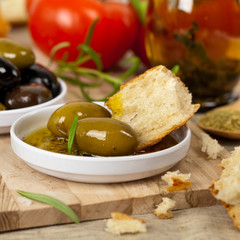 Italian food Bread with Olive Oil. Selective focus.