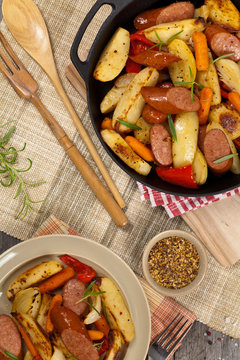 Roasted Sausages and Potato Dinner. Selective focus.