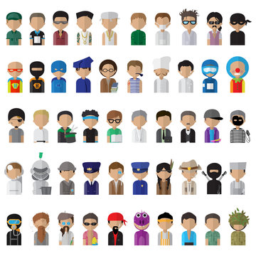 Flat People Icons, Different Occupation: Doctor, Police, Knight, Indian, Athlete, Professor, Astronaut, Waiter, Explorer, Painter Isolated On White Background - Vector Illustration, Graphic Design