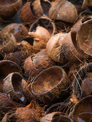 Textured background of stack of hairy brown coconuts