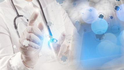 Medicine doctor hand working with modern computer interface as m