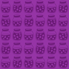 Plum jam jars. Dark seamless pattern. Harvest backdrop.