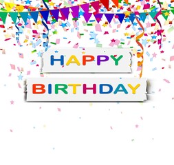 birthday with colorful confetti on white background