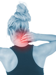 Woman with pain and injury on neck area.