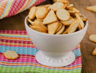 Crackers in white bowl