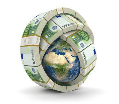Pile of Dollars and globe (clipping path included)