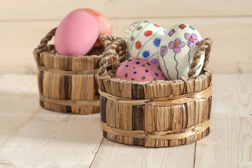 Easter eggs in the basket of wooden
