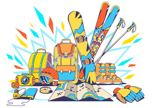 Vector illustration of backpacks and winter travel accessories w