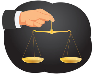 Hand of a businessman is holding scales. Justice symbol.