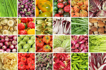 group of images with fresh vegetables on  market
