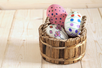 Easter eggs in the basket of wooden