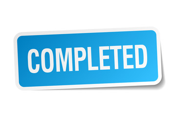 completed blue square sticker isolated on white