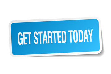 get started today blue square sticker isolated on white