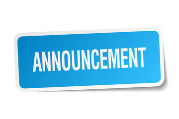 announcement blue square sticker isolated on white
