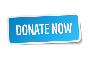 donate now blue square sticker isolated on white