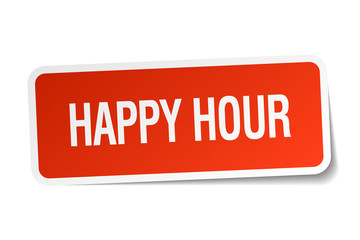 happy hour red square sticker isolated on white