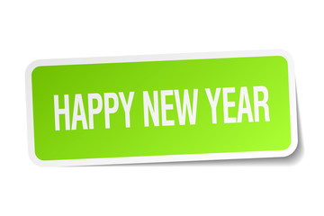 happy new year green square sticker on white background