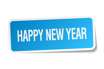 happy new year blue square sticker isolated on white