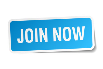 join now blue square sticker isolated on white