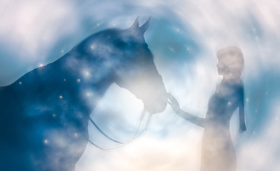 Silhouette of a girl and a horse on a background of the sky - 80960818