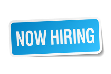 now hiring blue square sticker isolated on white