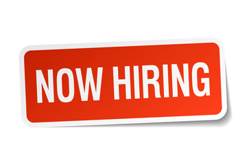 now hiring red square sticker isolated on white