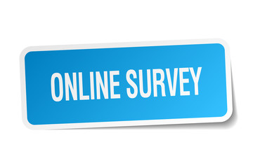 online survey blue square sticker isolated on white