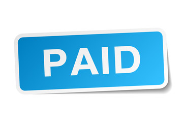 paid blue square sticker isolated on white