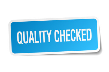 quality checked blue square sticker isolated on white