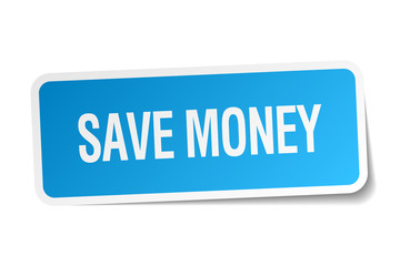 save money blue square sticker isolated on white