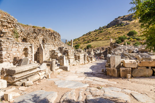 View of the ancient street in Ephesus archaeological area