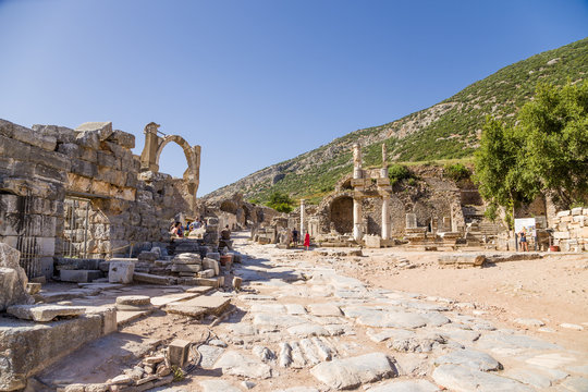 The ruins of Ephesus. Right - the Temple of Emperor Domitian