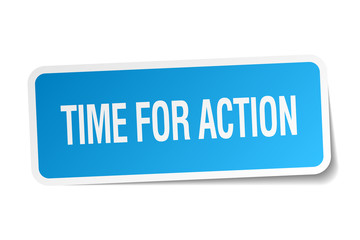 time for action blue square sticker isolated on white