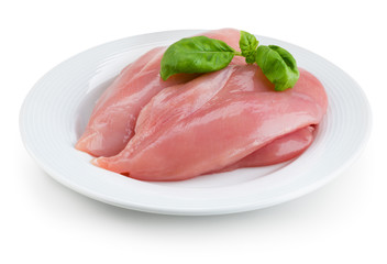 Raw fresh chicken fillet on white plate. With clipping path.