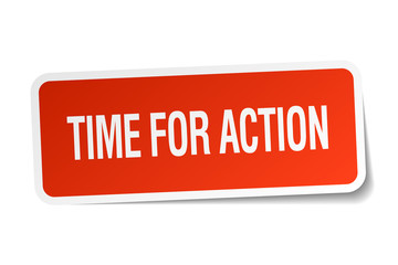 time for action red square sticker isolated on white