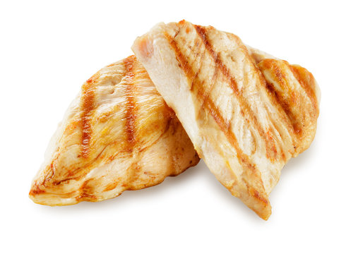Prepared chicken meat. Breast fillet slices isolated. With clipp