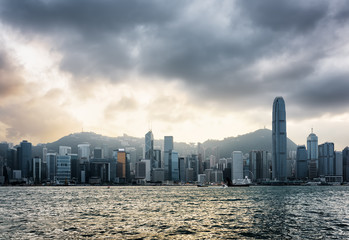 View of Victoria harbor and skyscrapers in business center of Ho