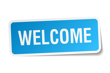 welcome blue square sticker isolated on white