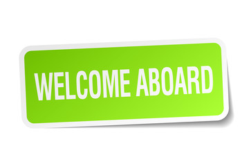 welcome aboard green square sticker on white background