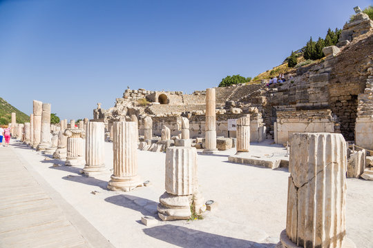 Ancient Ephesus, Turkey. Columns of the Basilica and the Odeon