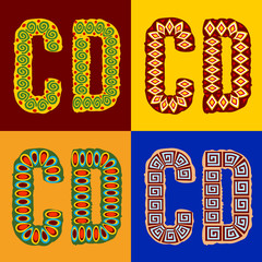 Vector set of ethnic font with african ornament. Letters C D